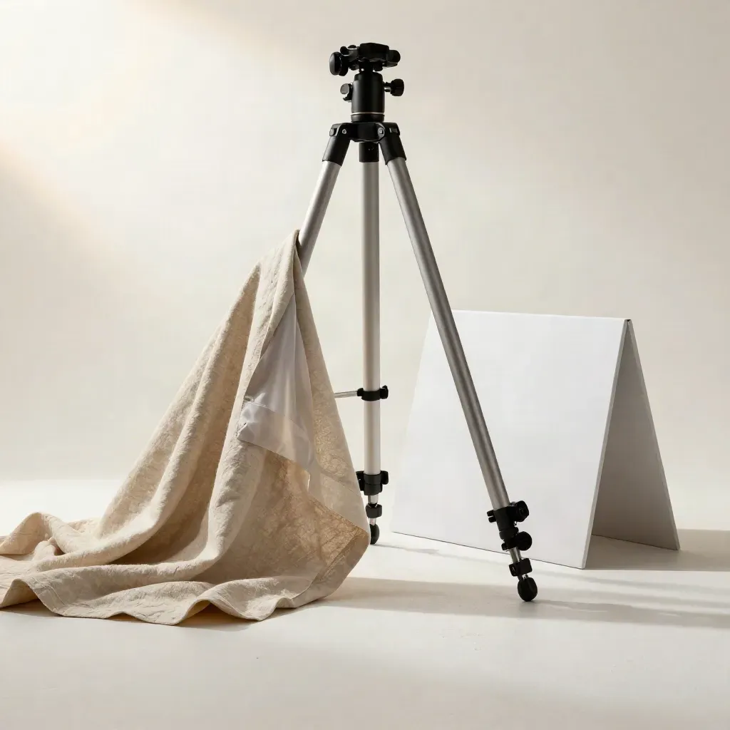 Uppackat startkit för nya fotografer på studiogolv med linne, pappersfickor och vit reflexskiva.