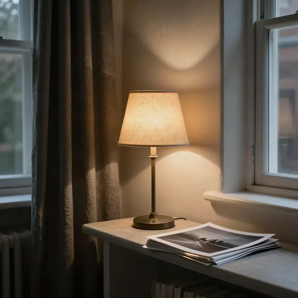 Mörkt vardagsrum vid nattfönster med lampa, gardin och en liten hög oklara utskrifter.