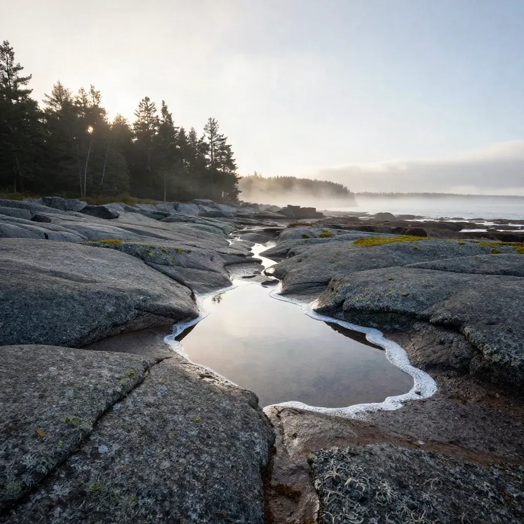 Mossig granitstrand med grund pöl, tallar i fjärran och dimma över vattnet.