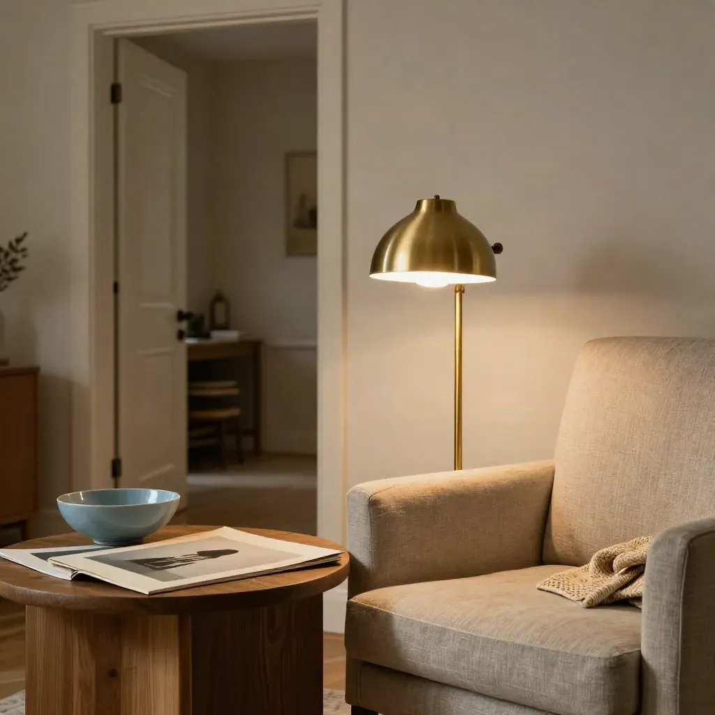 Dim läshörna med brasslampa, fåtölj och vända utskrifter i varmt kvällsljus.