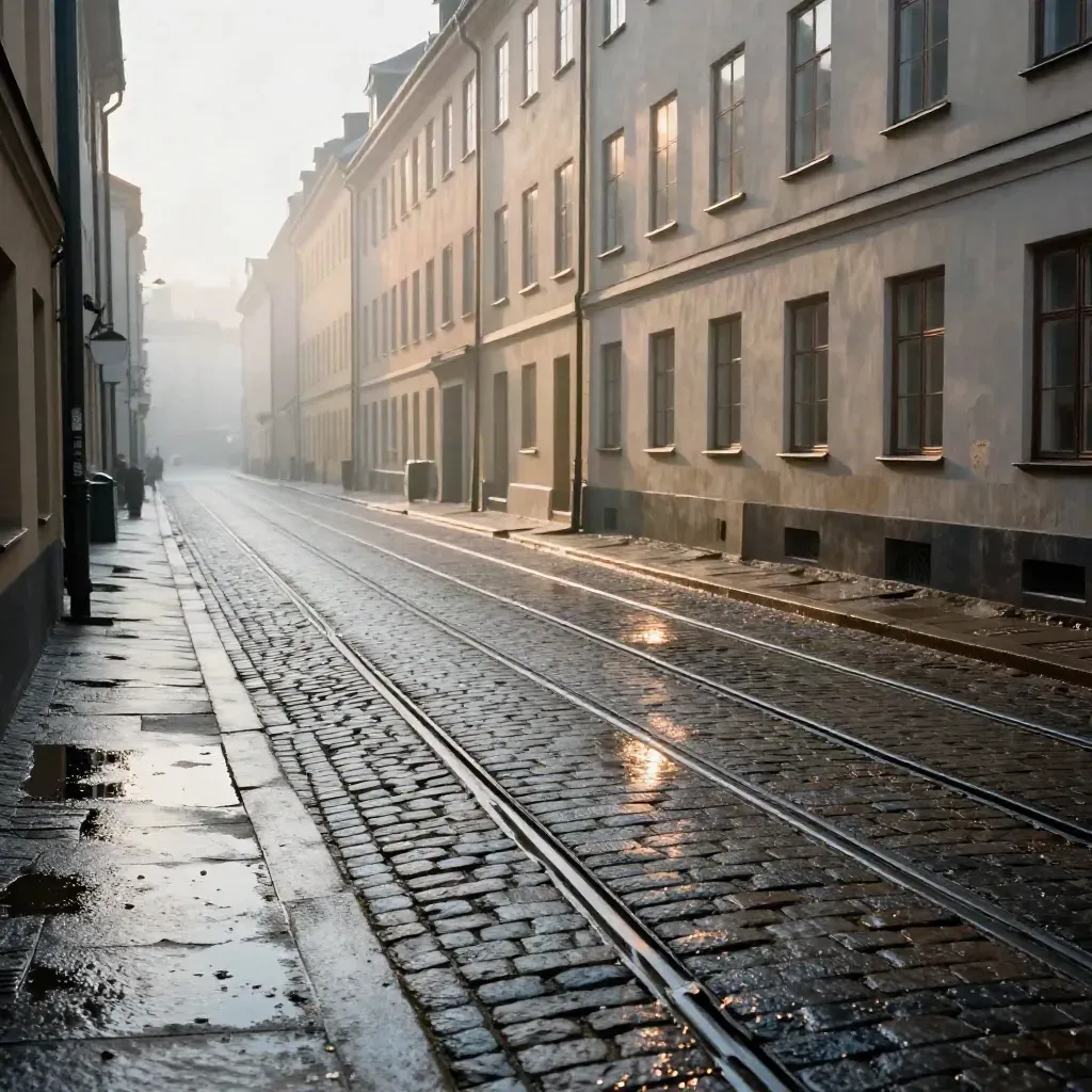 Regnblöt Stockholmsgata med spårvagnsspår, ljusa fasader och morgondimma