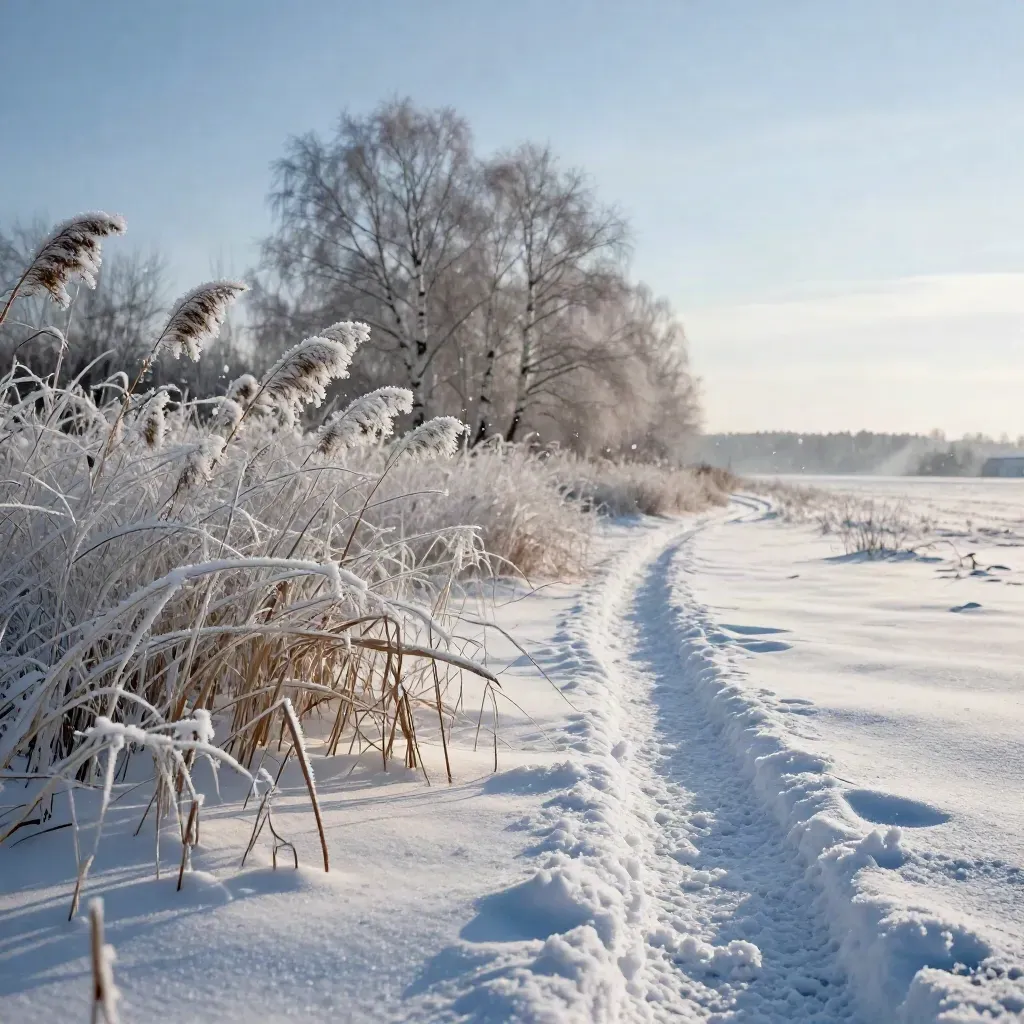 Lågt vinterlandskap med frusna vassstrån, snö och björkar i klart ljus.